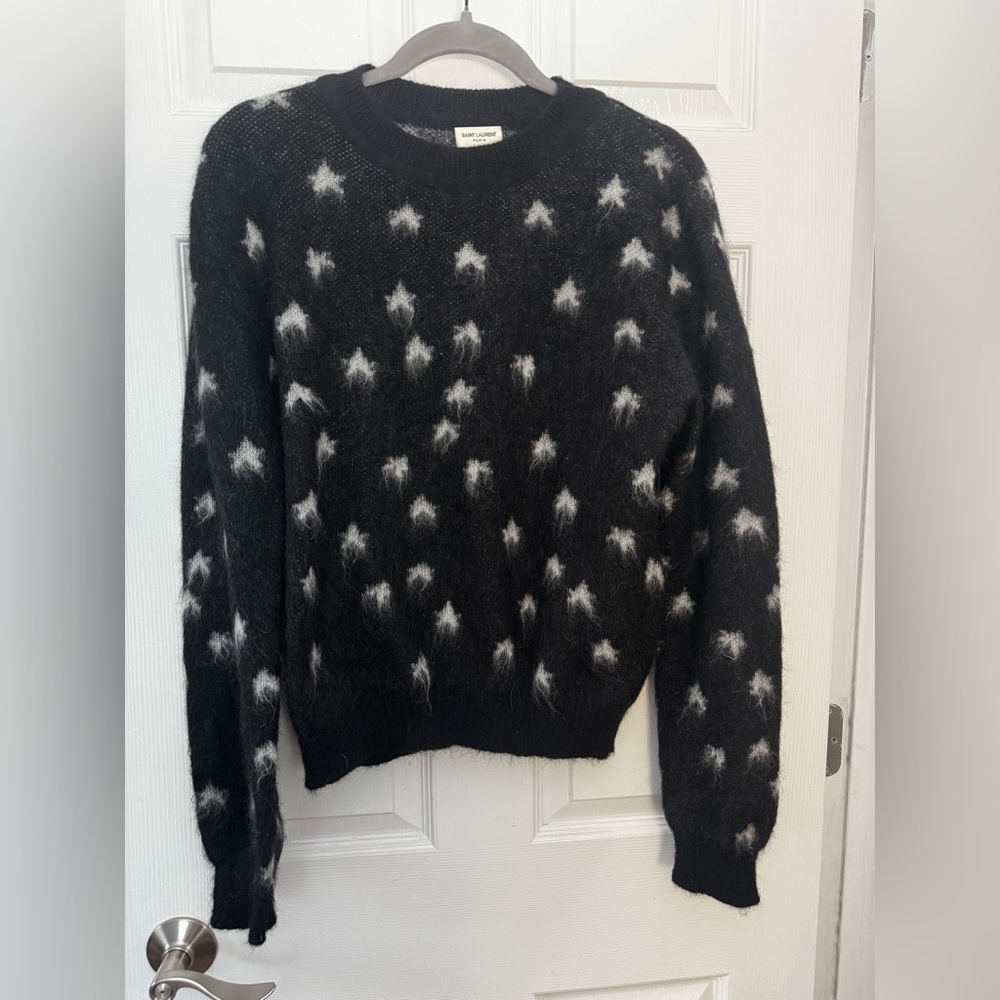 SAINT LAURENT Size M Star Print Mohair Wool Blend Sweater Black Gray Stars